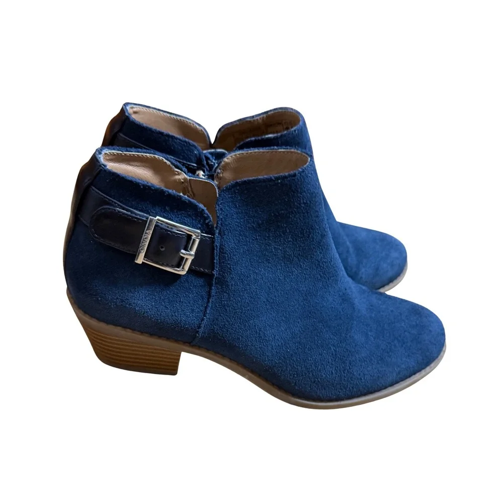 Vionic Blue Suede Ankle Booties Size 6 Buckle Side Zip Block Heel Comfort